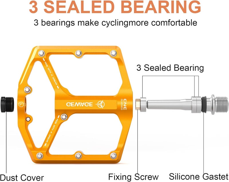 GEWAGE Road/Mountain Bike Pedals - 3 Bearings Bicycle Pedals - 9/16” CNC Machined Flat Pedals with Removable Anti-Skid Nails - Image 4